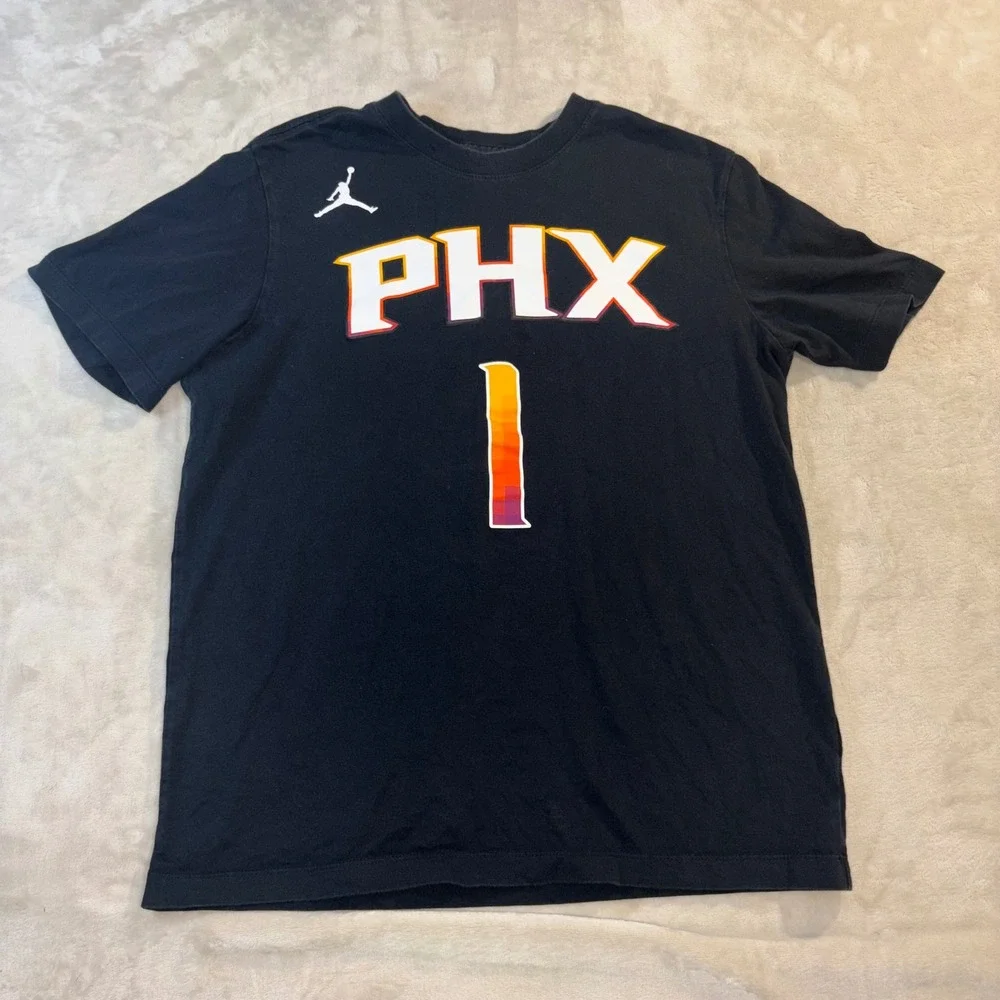 Jordan Phoenix Suns Devin Booker #1 PHX Shirt Mens Black Short Sleeve Tee Medium